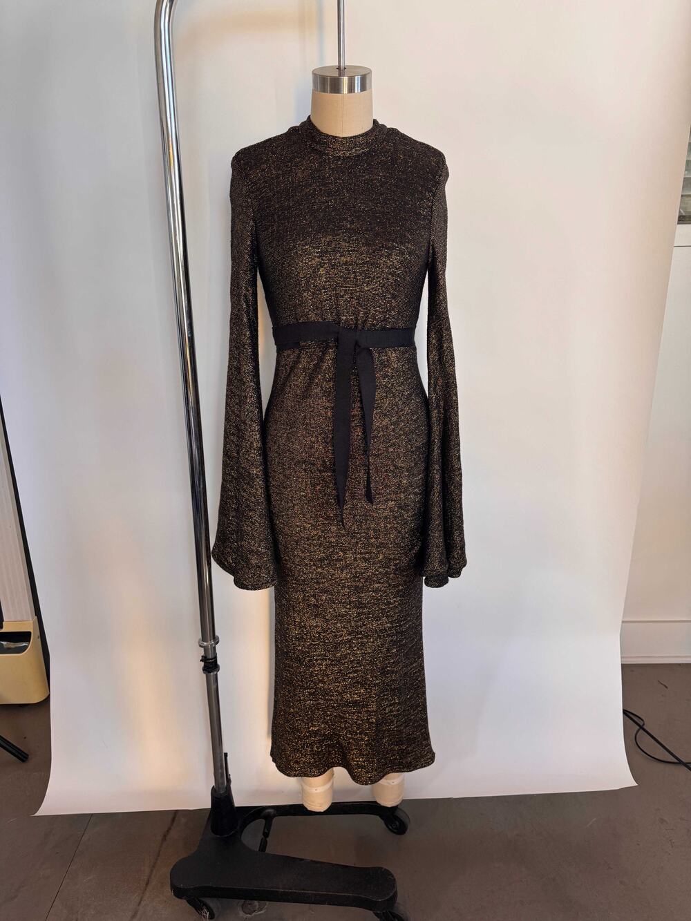 Ellery Black Gold Metallic Lurex Maxi Dress Bell Sleeves Tie Waist Sz 2